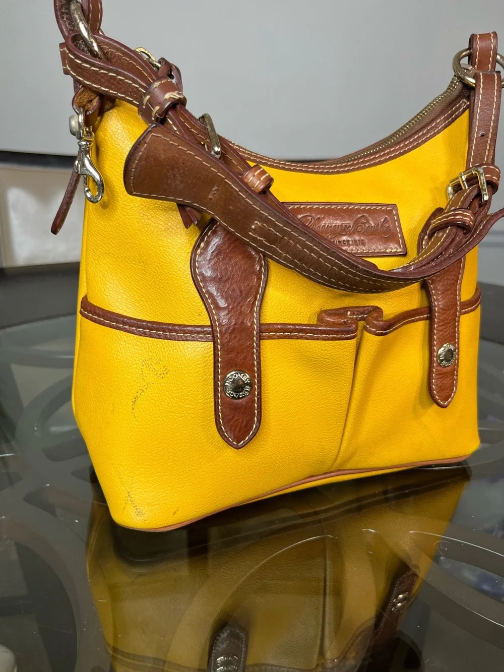 Y2K Dooney & Bourke Hobo Bag Pebble Grain Lucy Mustard Leather Brown Yellow
